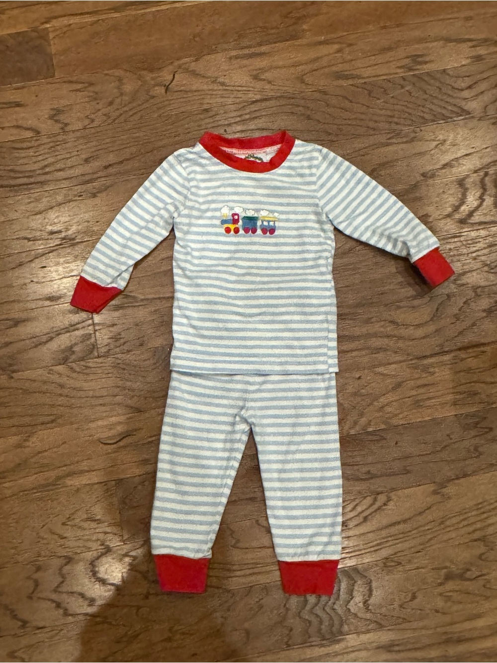 Striped Train Pajama Set in Light Blue and Red